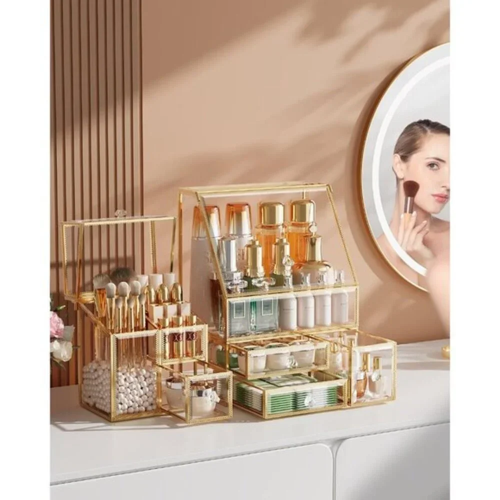 Clear Makeup Organizer with Gold Frame, Vanity Storage for Skincare & Cosmetics